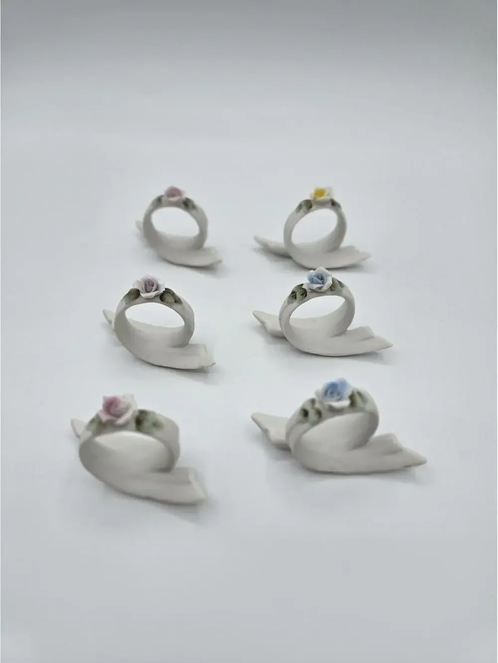 Vintage Set of 6 Rose Pink Yellow Blue Porcelain Napkin Rings Made In Japan